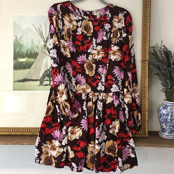 Hinge Fall Floral Tunic Dress Mini Long Sleeve - Picture 1 of 9